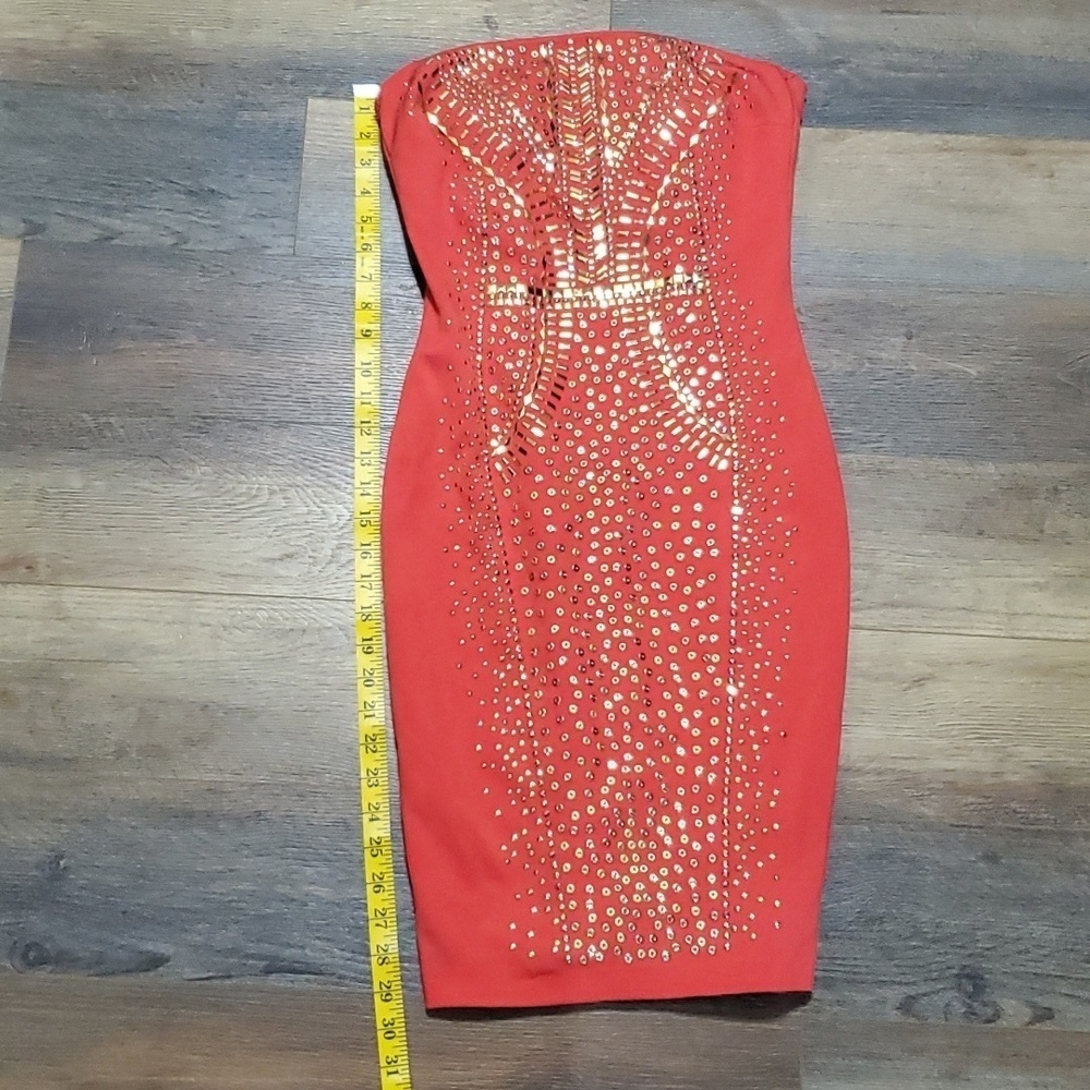 Cache orange gold strapless bodycon dress bling